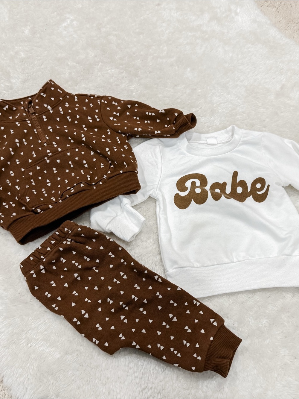 White "Babe" Sweatshirt and Brown Triangle Joggers Set - Kids 3pc Outfit Set